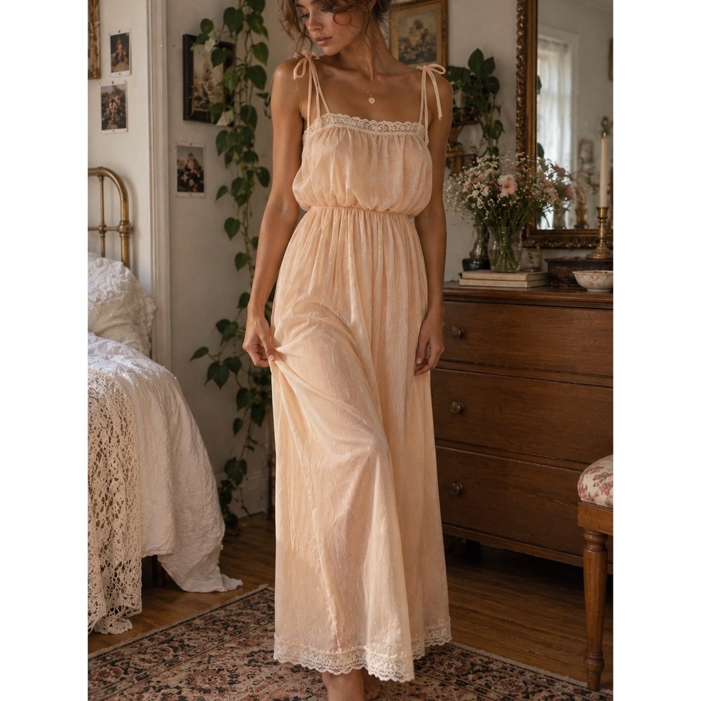 Vintage Roberta California Maxi Dress Fairycore Prairie Lace Peach Pink Womens 4